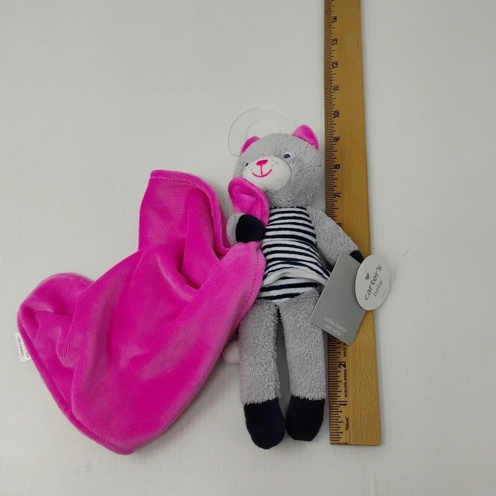 Carters Cuddle Blanket Plush‎ Kitty Cat Pink Gray Navy Baby Lovey w Rattle 2013